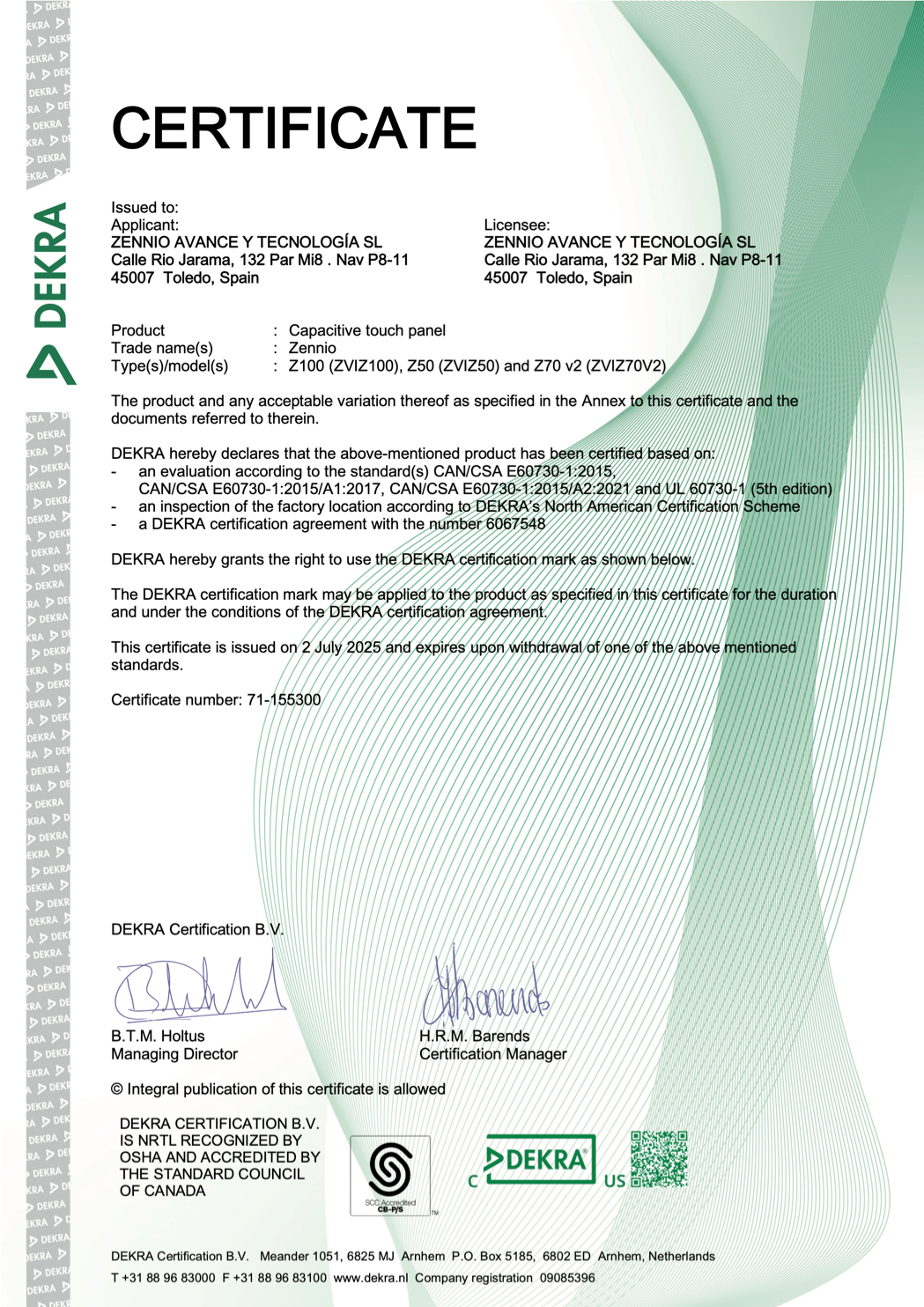 ZENNIO DEKRA CERTIFICATION ZENNIO DEKRA CERTIFICATION